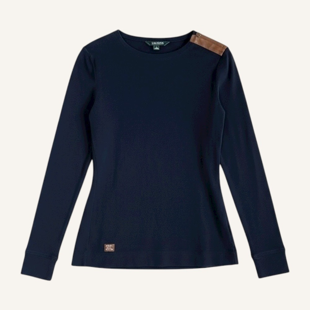 Lauren Ralph Lauren Black‎ Long Sleeve Equestrian Top Suede Elbow Patches Sz M